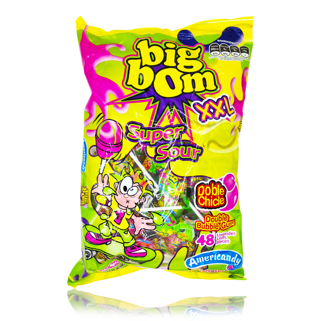 Big Bom XXL Super Sour Double Bubble Gum Lollipops 48 Piece 1.2kg